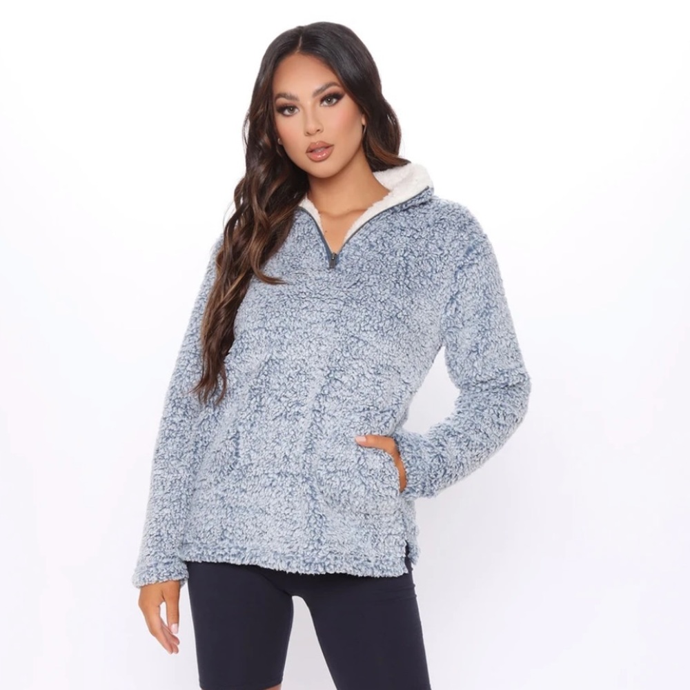 Fashion Nova Feels So Cozy Sherpa Pullover, Blue Fuzzy Sherpa Sweater